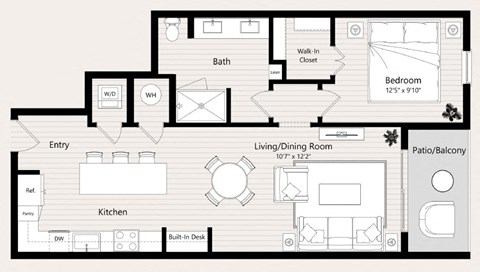 Floor plan for 1 bed, 1 bath, 859 sqft